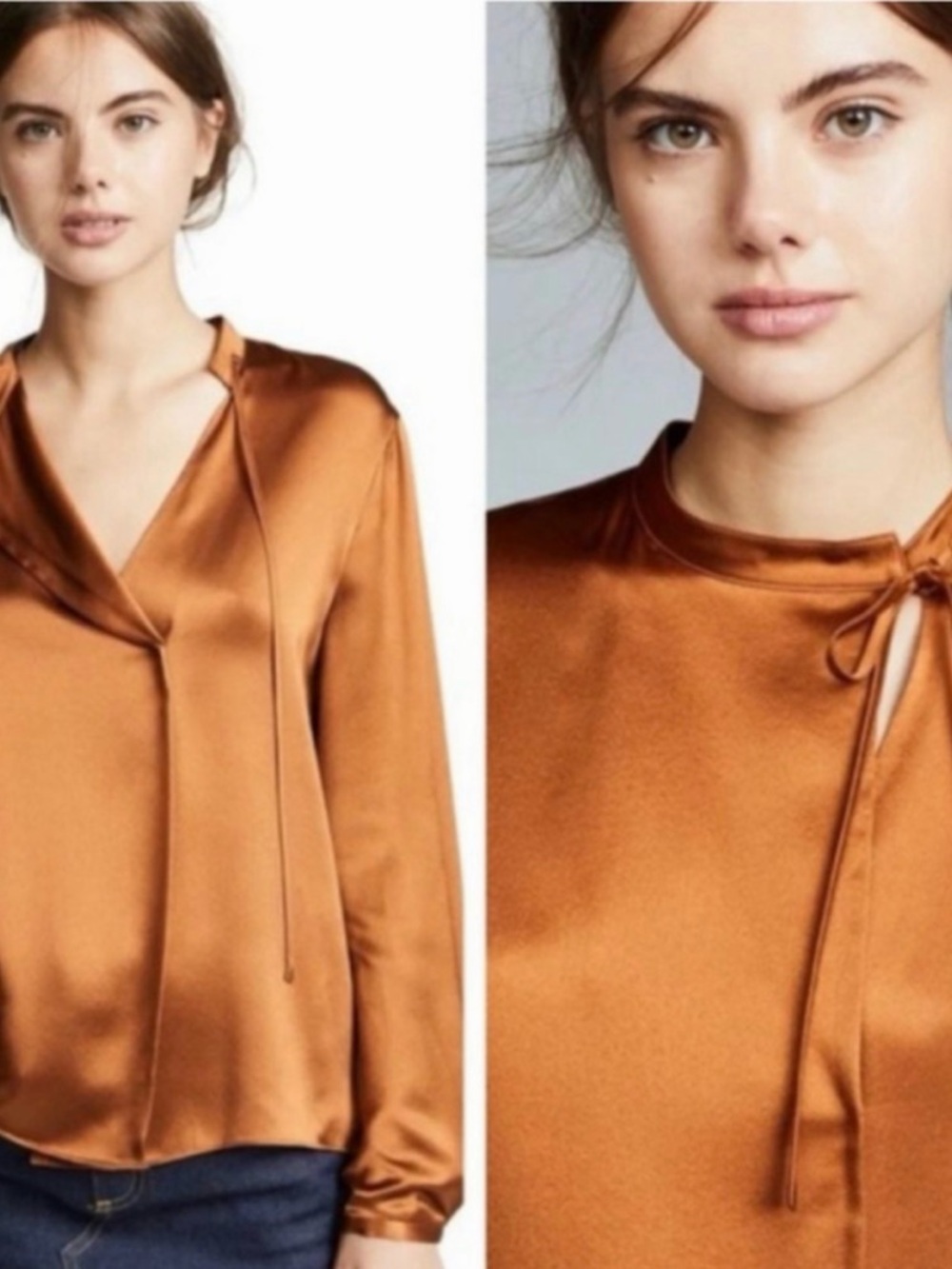 Vince Silk Tie-Neck Popover Blouse in Burnt Orange / Copper - Size L